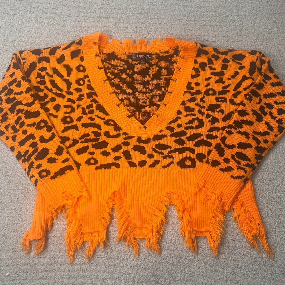 Lu‎ NYC Sweater Distressed Leopard M Orange Grunge Punk Streetwear Indie Sleaze